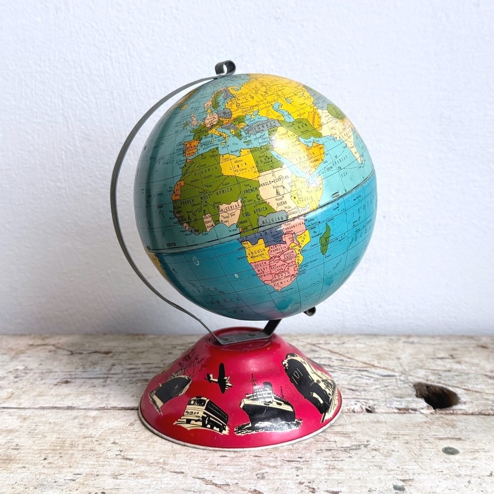 Vintage Ohio Art Co Tin Litho World Globe Red Transportation Base